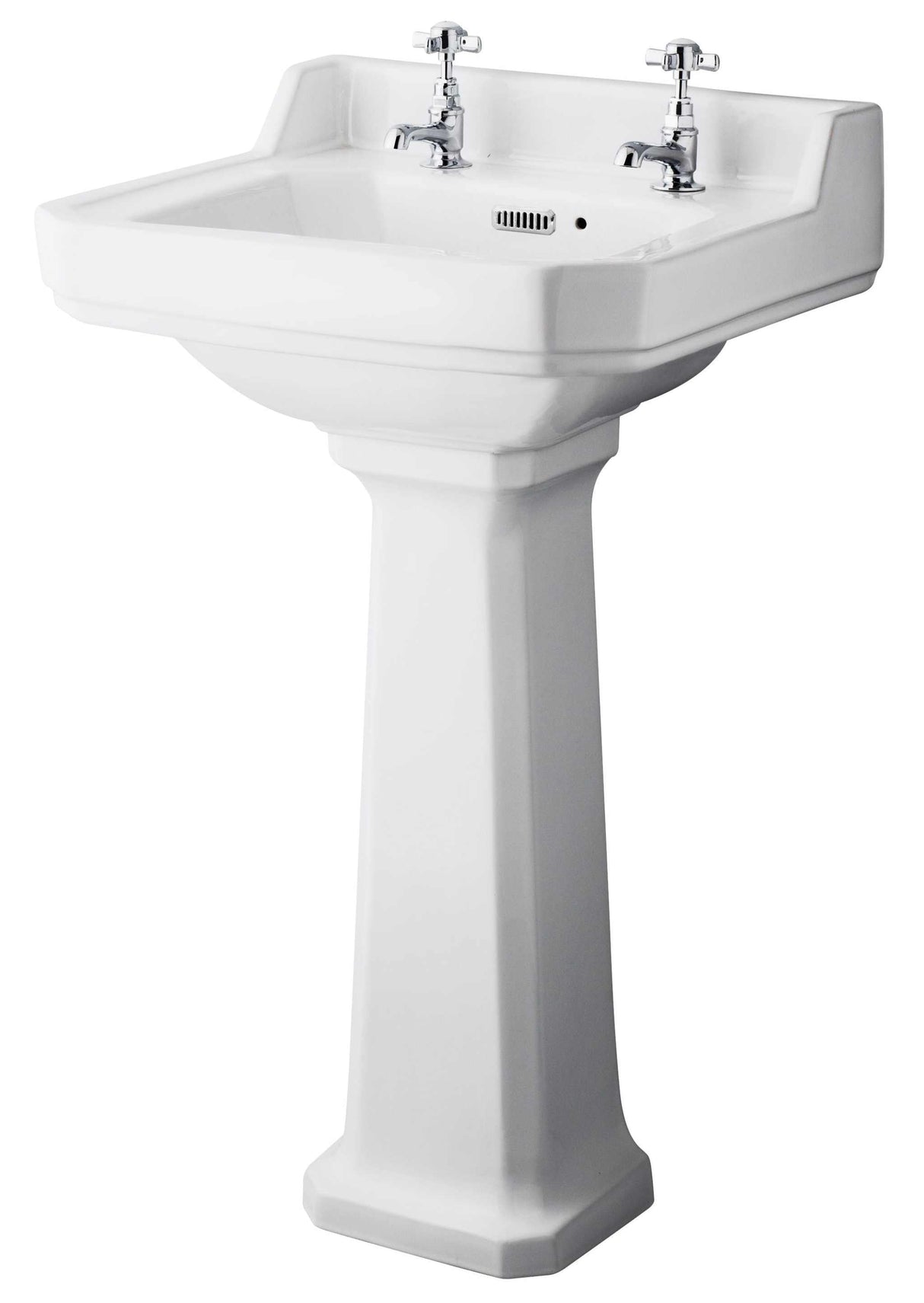 Hudson Reed Richmond white square ceramic basin with comfort height full pedestal and dual tap holes