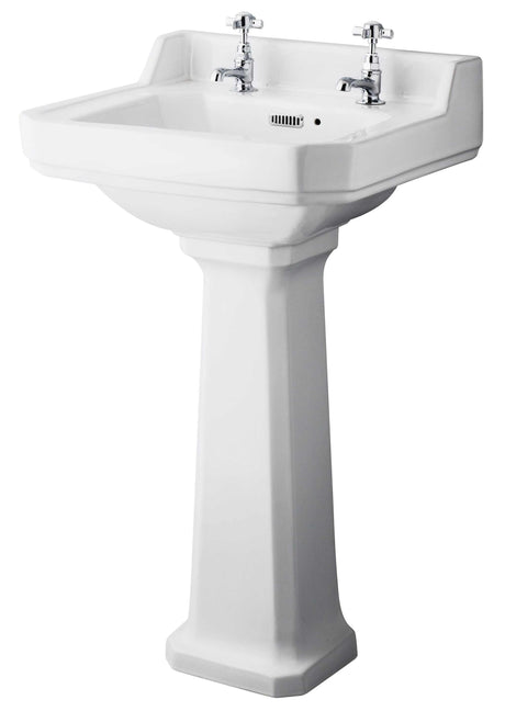 Hudson Reed Richmond white square ceramic basin with comfort height full pedestal and dual tap holes
