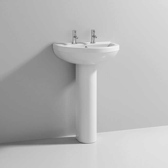 Nuie Ivo White Contemporary 550mm 2 Tap Hole Basin & Pedestal - CIV003