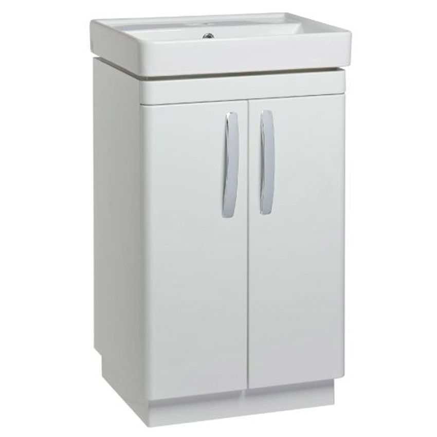 Tavistock Compass Gloss White 500mm freestanding basin vanity unit with two doors and chrome handles