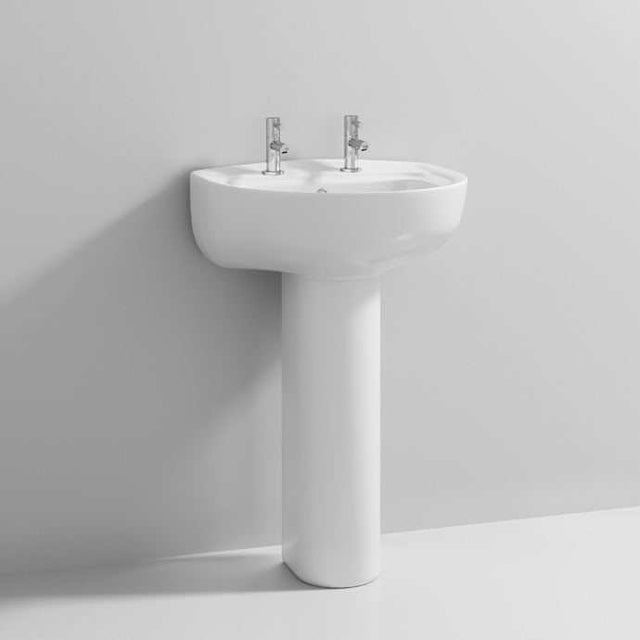 Nuie Melbourne White Contemporary 2 Tap Hole 550mm Basin & Pedestal - CML003