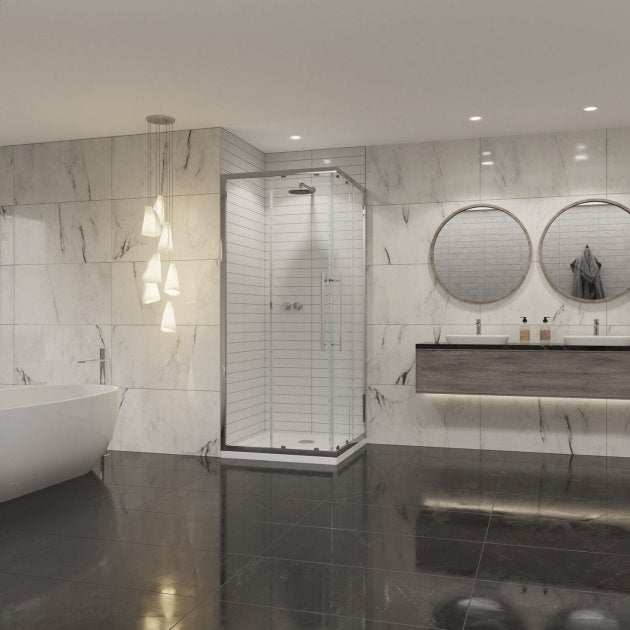 Coram 8mm plain glass corner entry shower enclosure with chrome frame installed in modern bathroom corner