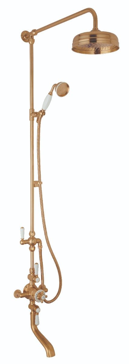 Launde Abbey Victrion Triple Exposed Thermostatic Valve Spout Bath Filler and 8" Head - Brushed Copper - TAP 'N' SHOWER