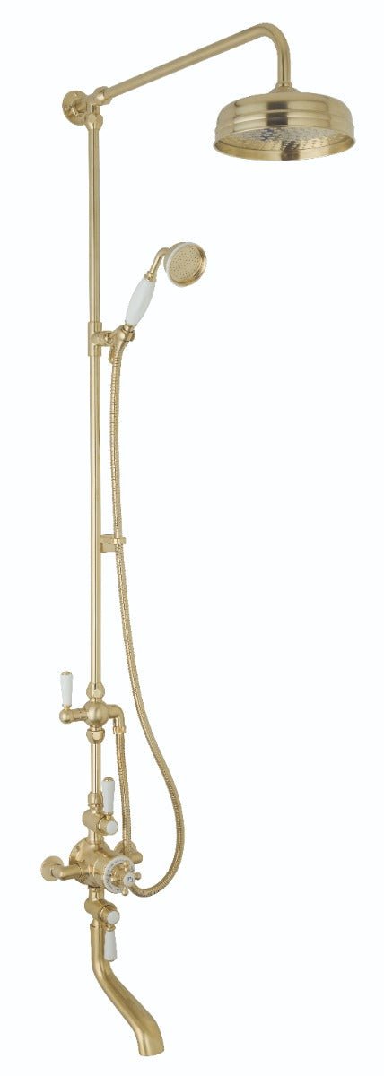 Launde Abbey Victrion Triple Exposed Thermostatic Valve Spout Bath Filler and 8" Head - Brushed Gold - TAP 'N' SHOWER