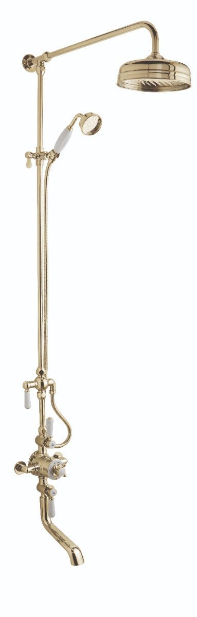 Launde Abbey Victrion Triple Exposed Thermostatic Valve Spout Bath Filler and 8" Head - Gold - TAP 'N' SHOWER