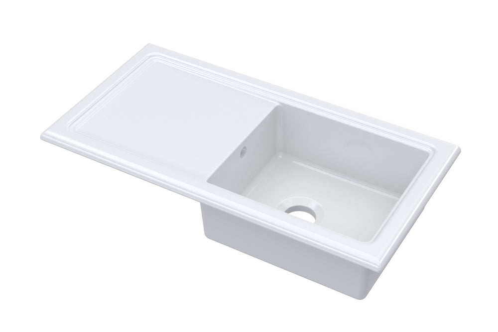Launde Abbey Fireclay Counter Top Sink Single Bowl 1010mm x 525mm - White - TAP 'N' SHOWER