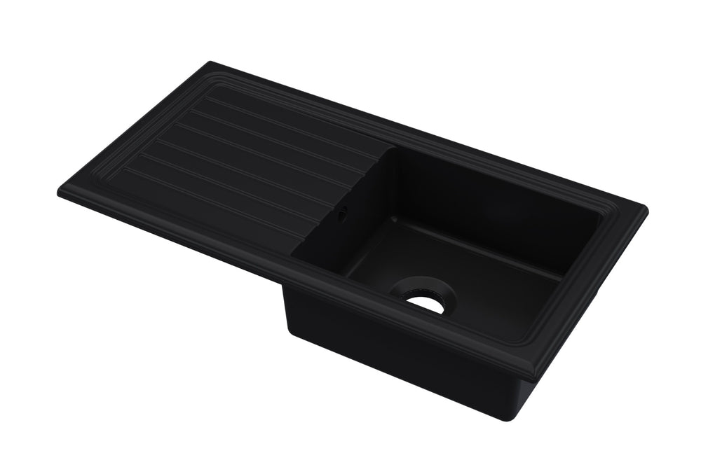 Launde Abbey Fireclay Counter Top Sink Single Bowl 1010mm x 525mm - Matt Black - TAP 'N' SHOWER