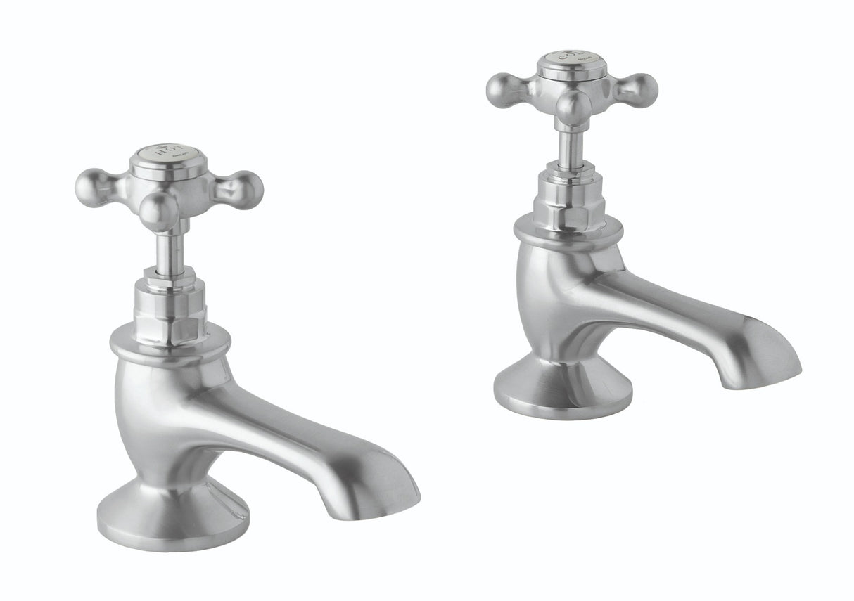 Launde Abbey Victrion Deck Mounted Crosshead Bath Pillar Taps - Brushed Chrome - TAP 'N' SHOWER