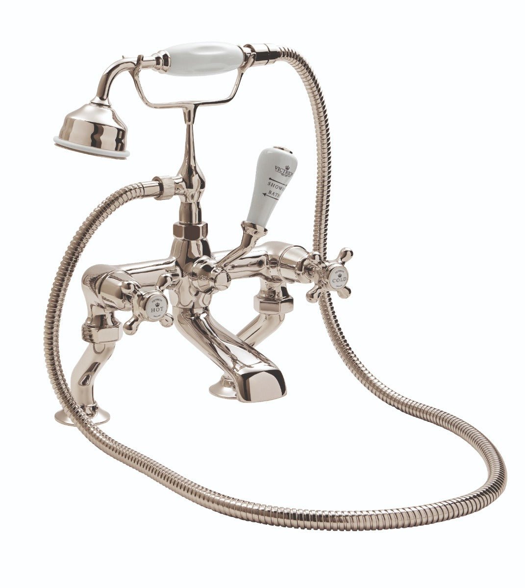 Launde Abbey Victrion Deck Mounted Crosshead Bath Shower Mixer - Nickel - TAP 'N' SHOWER