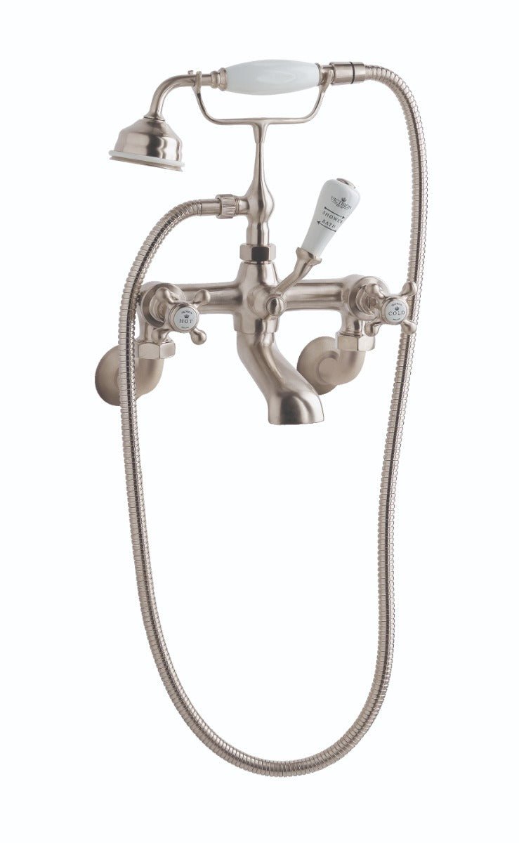 Launde Abbey Victrion Wall Mounted Crosshead Bath Shower Mixer - Brushed Nickel - TAP 'N' SHOWER
