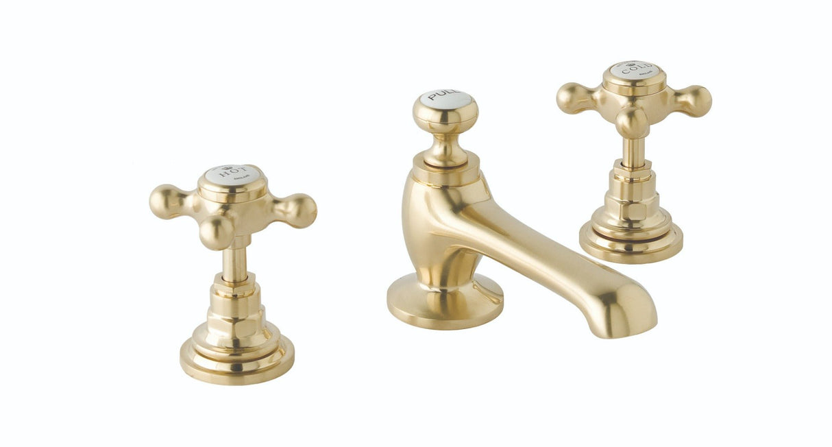 Launde Abbey Victrion 3 Tap Deck Mounted Crosshead Hole Basin Mixer Tap - Brushed gold - TAP 'N' SHOWER