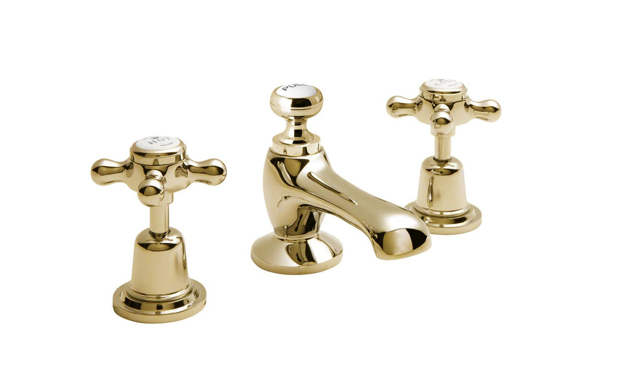 Launde Abbey Victrion 3 Tap Deck Mounted Crosshead Hole Basin Mixer Tap - Gold - TAP 'N' SHOWER