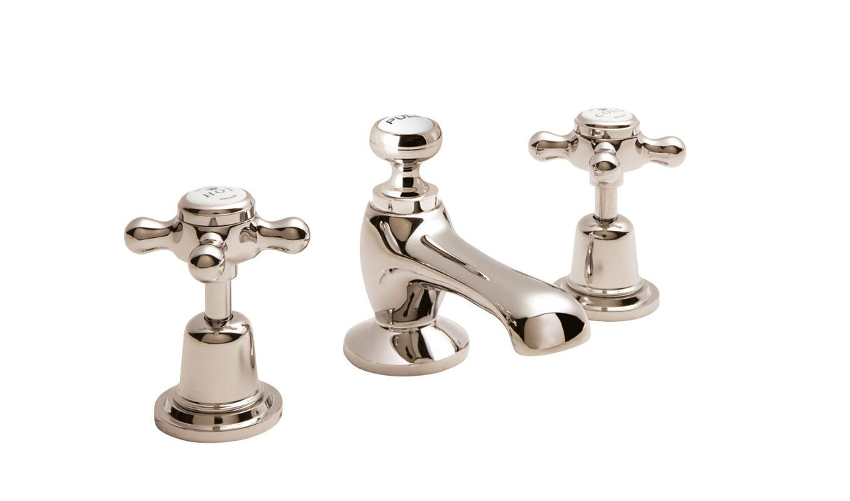 Launde Abbey Victrion 3 Tap Deck Mounted Crosshead Hole Basin Mixer Tap - Nickel - TAP 'N' SHOWER