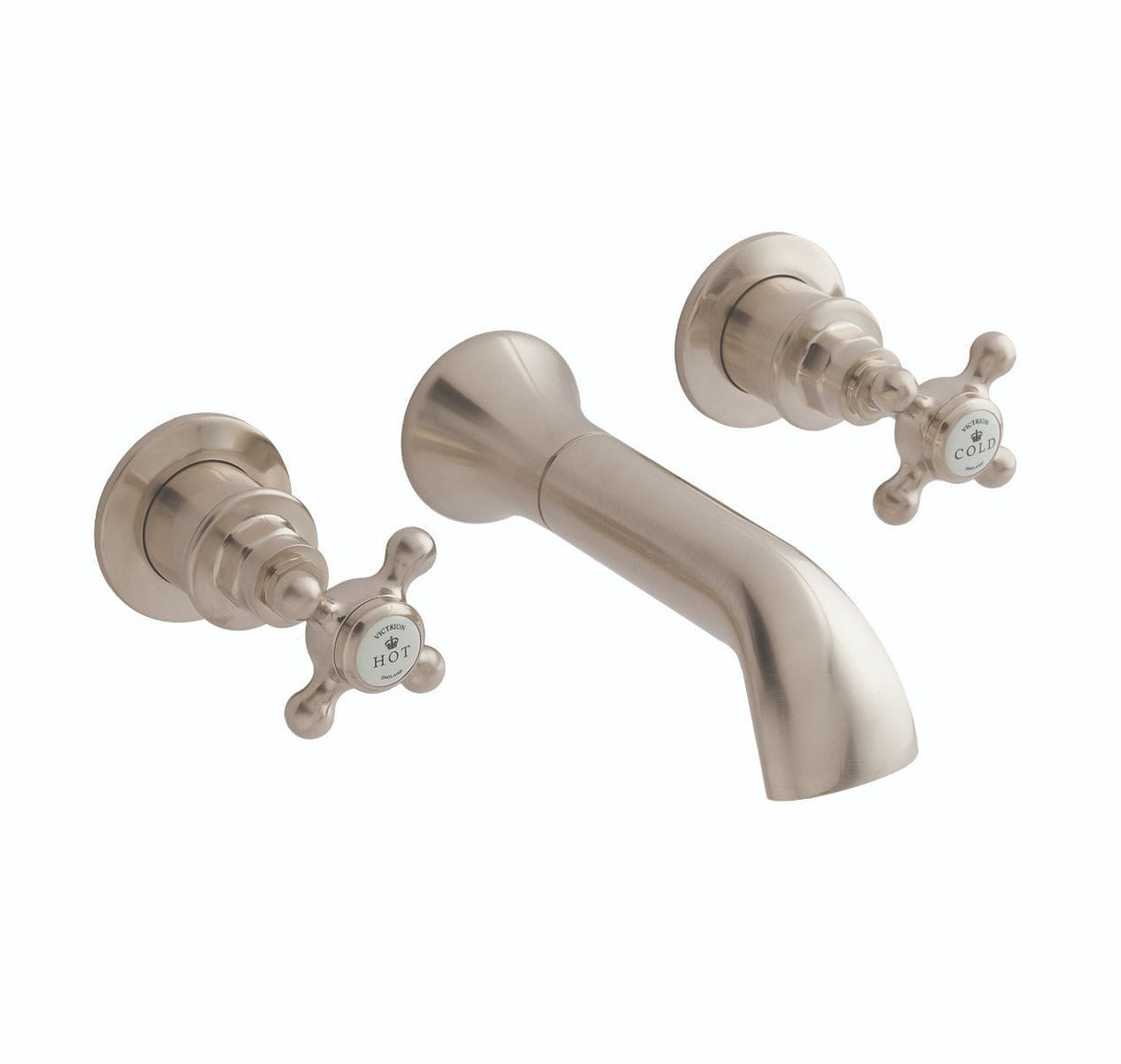 Launde Abbey Victrion 3 Tap Hole Wall Mount Crosshead Bath Filler Tap - Brushed Nickel - TAP 'N' SHOWER