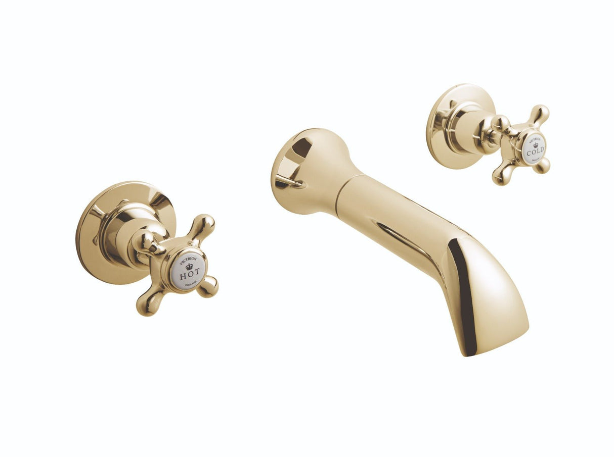 Launde Abbey Victrion 3 Tap Hole Wall Mount Crosshead Bath Filler Tap - Gold - TAP 'N' SHOWER
