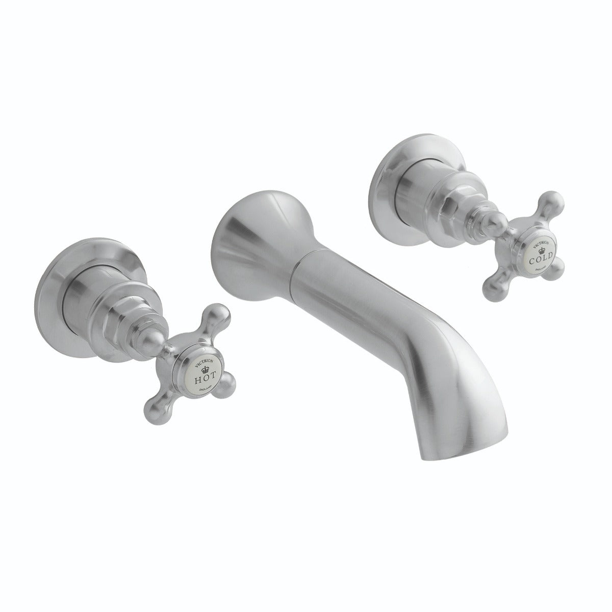 Launde Abbey Victrion 3 Tap Hole Wall Mount Crosshead Basin Filler Tap - Brushed Chrome - TAP 'N' SHOWER
