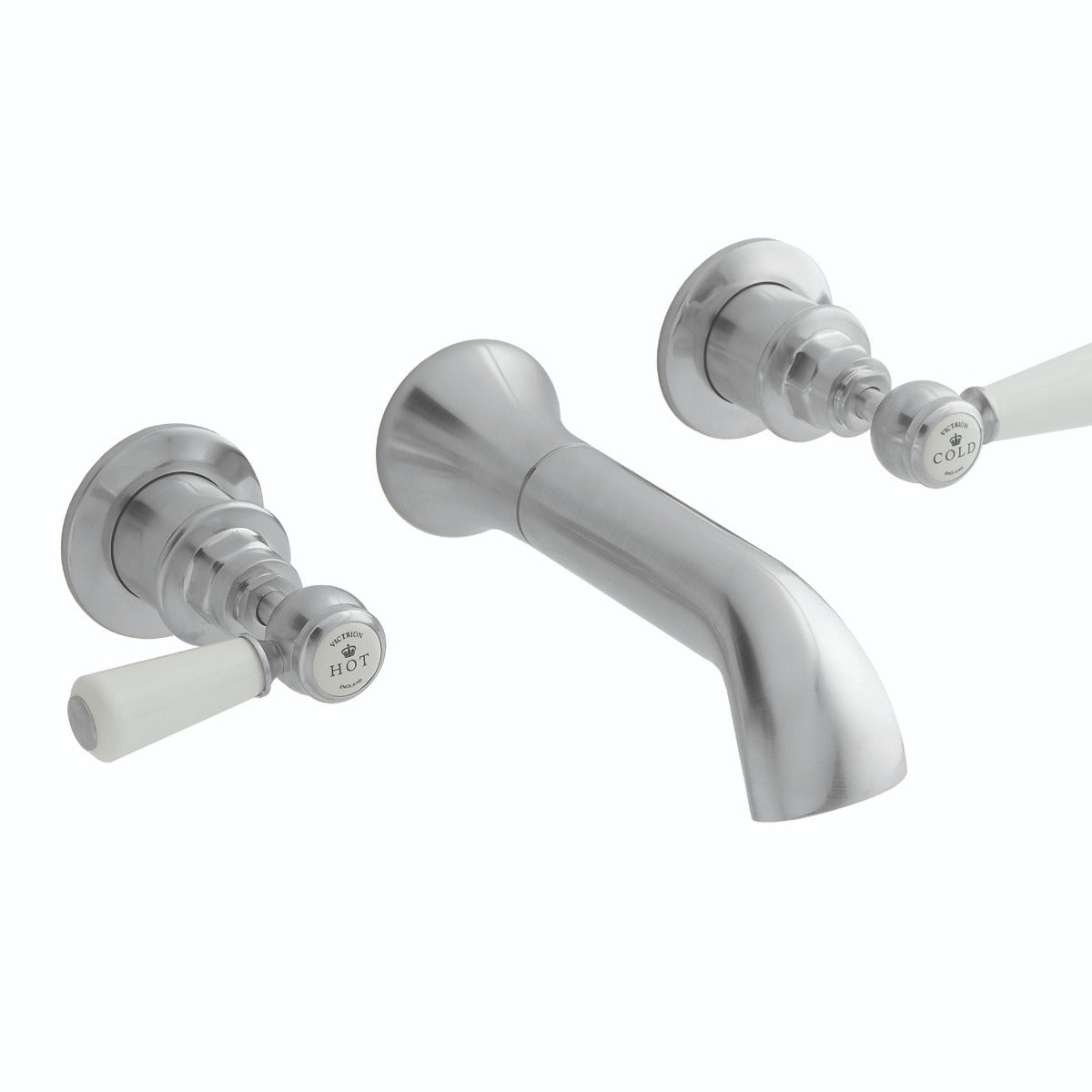 Launde Abbey Victrion 3 Tap Hole Wall Mount Lever Basin Filler Tap - Brushed Chrome - TAP 'N' SHOWER