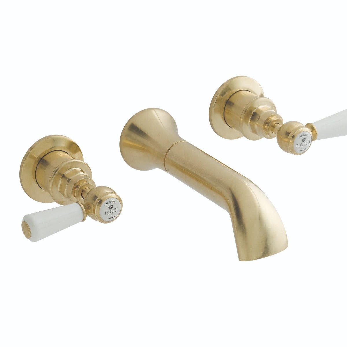 Launde Abbey Victrion 3 Tap Hole Wall Mount Lever Basin Filler Tap - Brushed Gold - TAP 'N' SHOWER