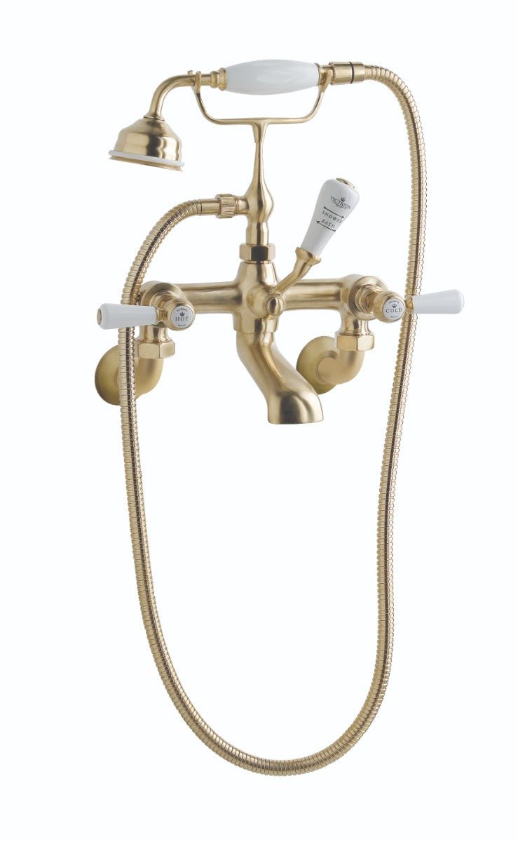Launde Abbey Victrion Wall Mounted Lever Bath Shower Mixer - Brushed Gold - TAP 'N' SHOWER