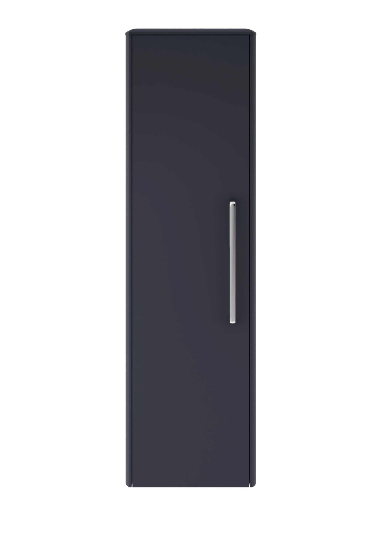 Hudson Reed Solar wall hung tall bathroom storage unit in indigo blue with sleek modern design and silver handle