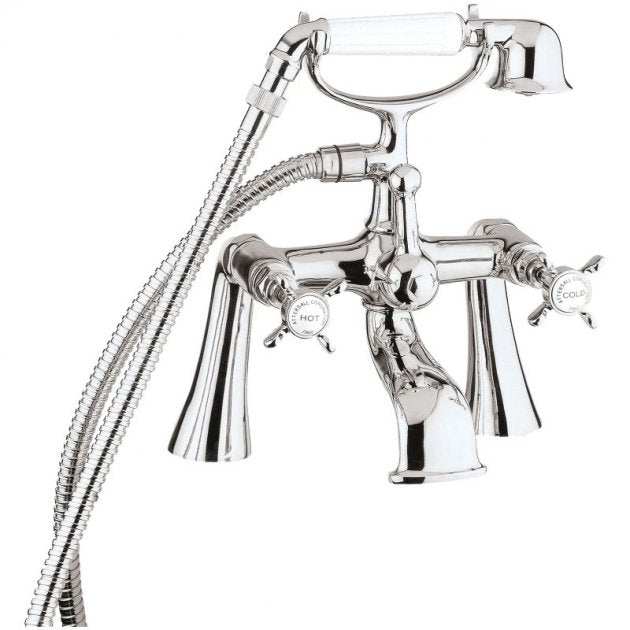 Deva Coronation traditional chrome pillar mounted bath shower mixer tap with crosshead taps and white shower handle