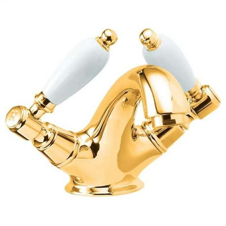Deva Georgian Traditional Mono Basin Mixer Tap in gold with white handles and pop up waste