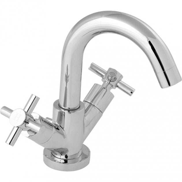 Chrome Deva Motif Mono Basin Mixer Tap with rounded spout, crosshead handles, and press top waste