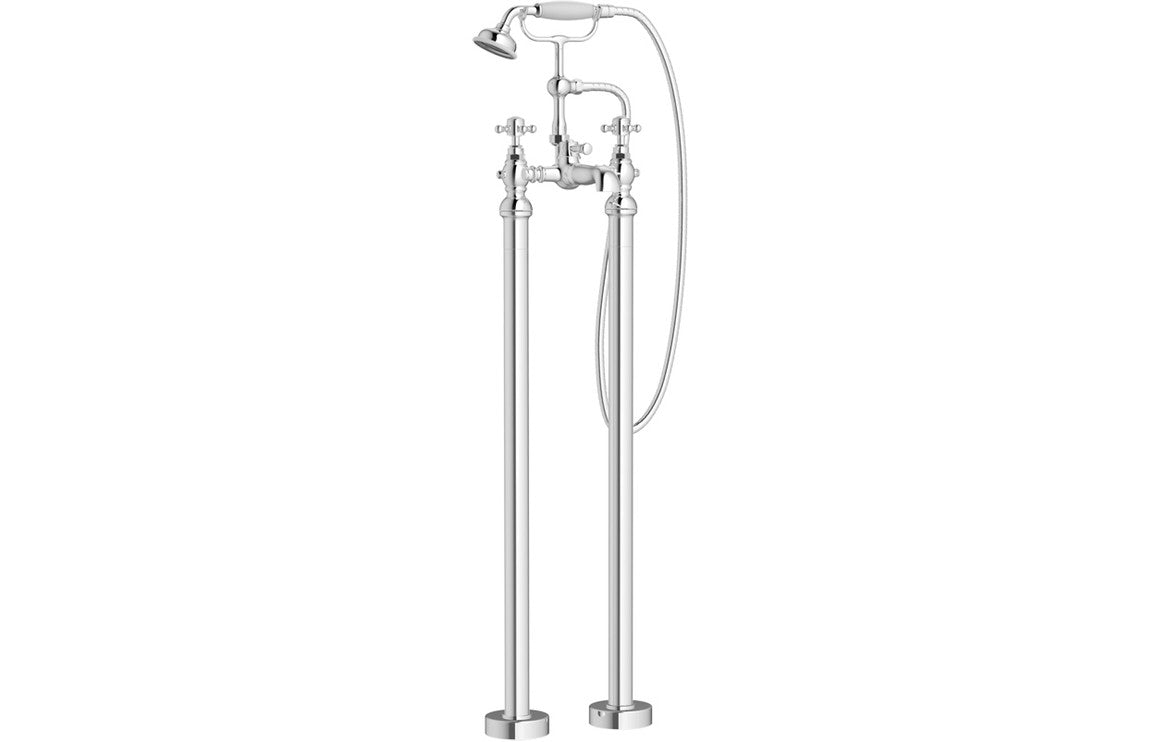 Chrome Floor Standing Bath Shower Mixer Tap Edwardian Style With Crosshead Handles - Prystine Oakland - TAP 'N' SHOWER
