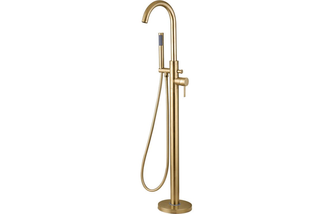 Brushed Brass Floor Standing Bath Shower Mixer Tap With Round Lever Handles - Prystine Tuscon - TAP 'N' SHOWER