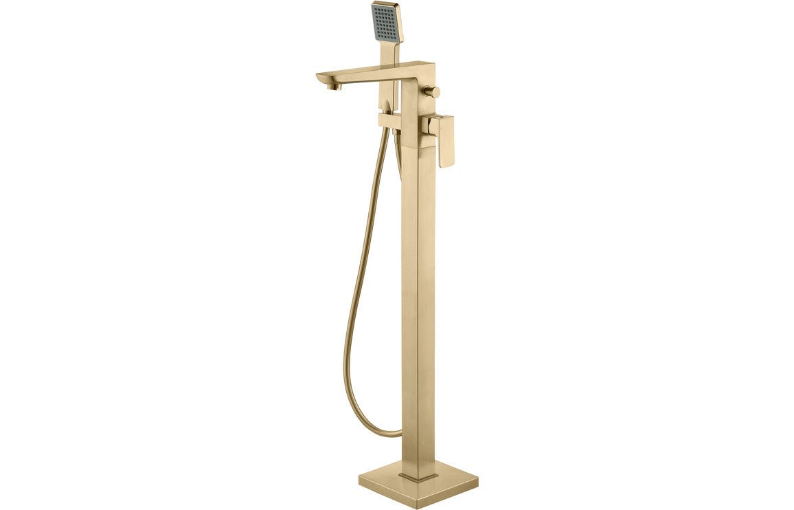 Brushed Brass Floor Standing Bath Shower Mixer Tap - Prystine Auroa - TAP 'N' SHOWER