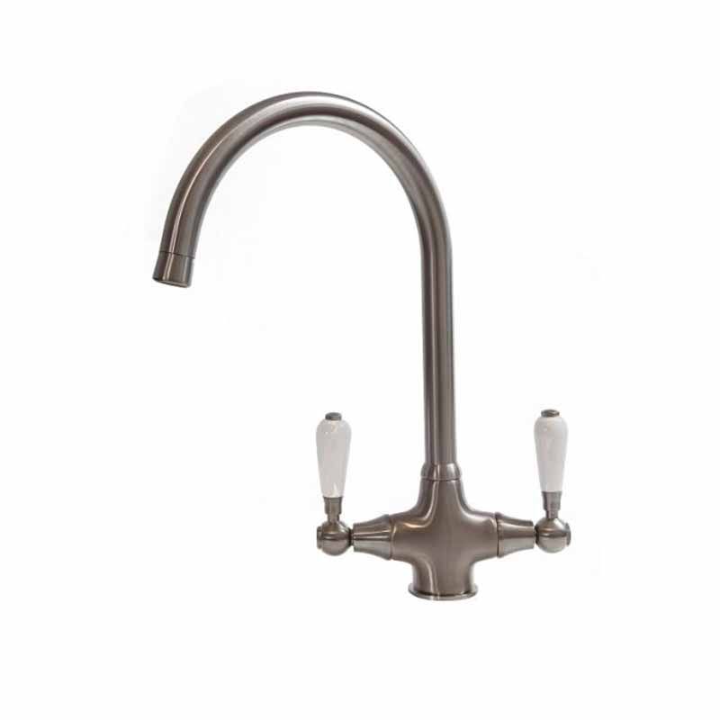 Reginox Elbe Dual Lever Kitchen Tap With White Ceramic Handle - Brushed Nickel - ELBE BN - TAP 'N' SHOWER