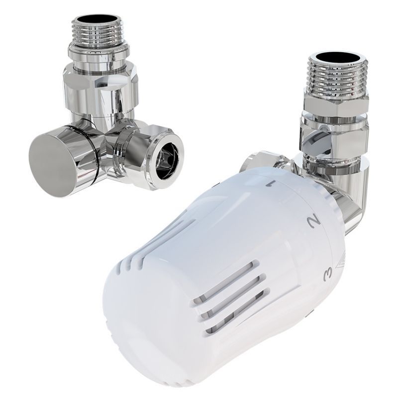 Eastbrook Corner Thermostatic Radiator Valves and Lockshield 15mm - Chrome / White - 41.3040 - TAP 'N' SHOWER