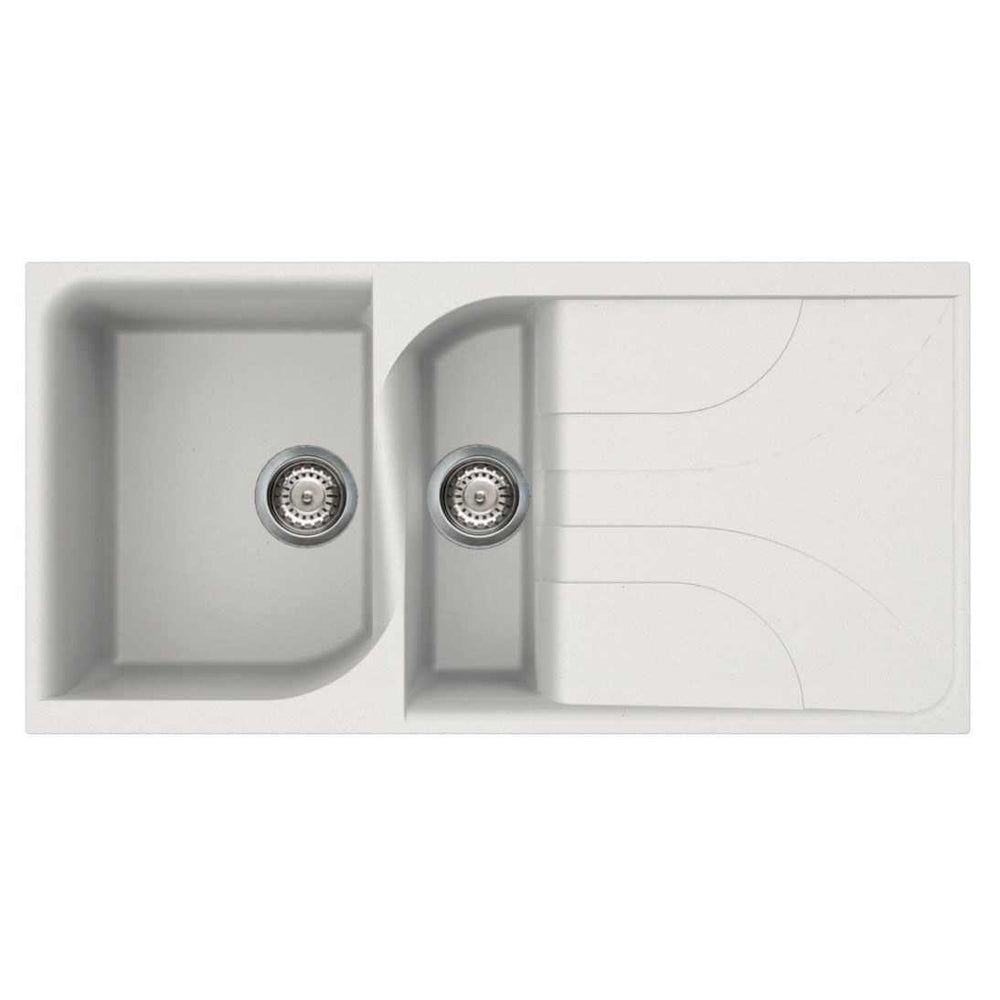 Reginox Ego 475 white granite 1.5 bowl kitchen sink with draining area and strainer waste baskets