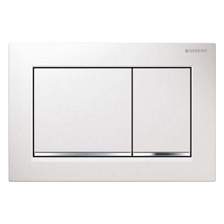 Geberit Omega30 white and gloss chrome rectangular dual flush plate with twin buttons for easy operation