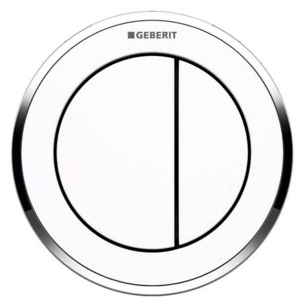 Geberit Type10 white gloss round dual flush plate button with chrome trim for concealed cistern