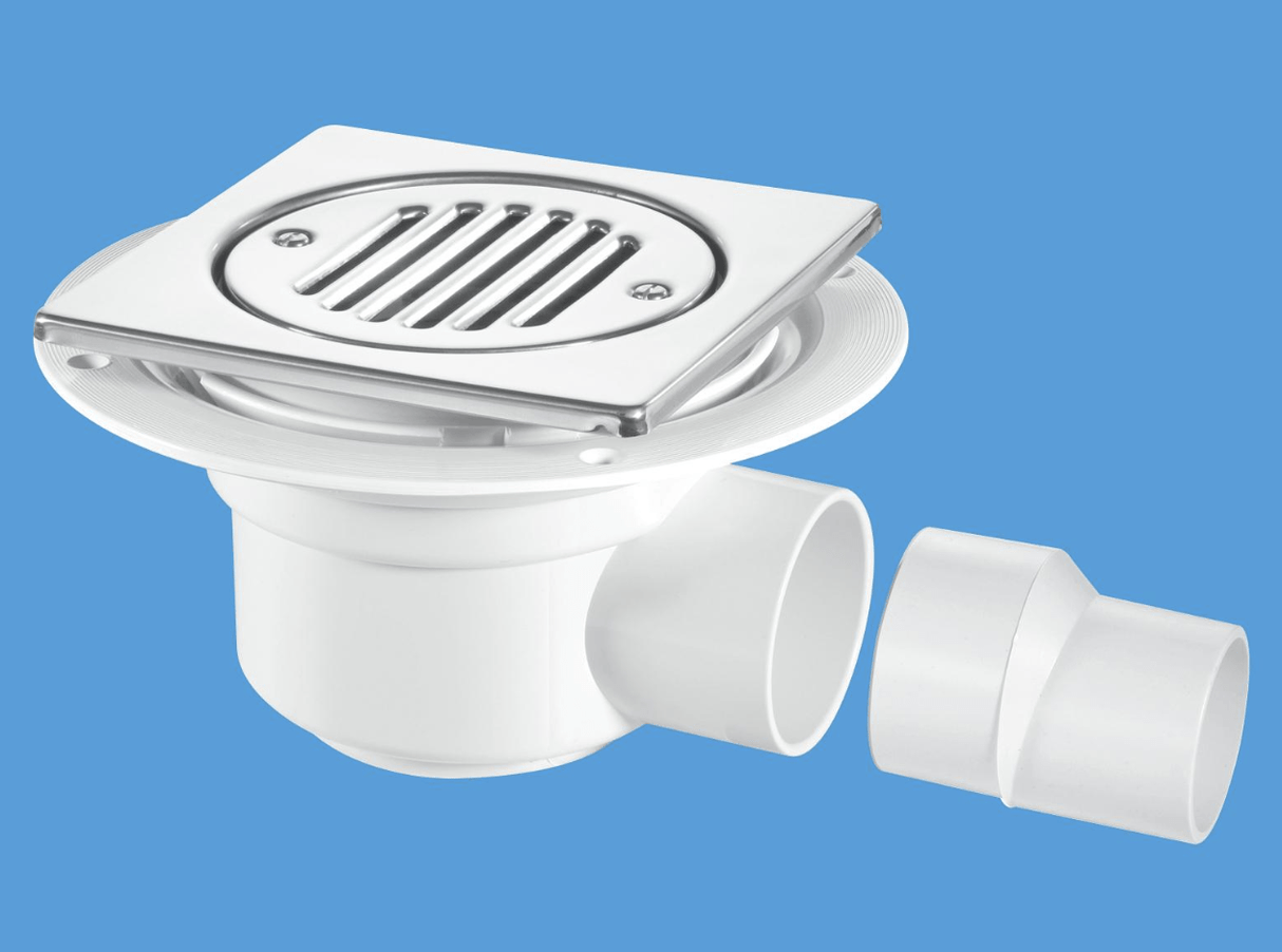 Mcalpine 150mm Square Polished Stainless Steel 50mm Water Seal Gully with Horizontal Outlet for Tiled or Stone Floor - TSG50T6SS - TAP 'N' SHOWER