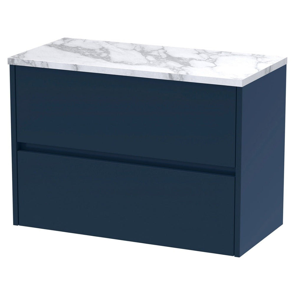 Hudson Reed Havana Wall Hung 2 - Drawer Vanity Unit with Carrera Marble Worktop 800mm Wide - Midnight Blue - HAV2906LCM - TAP 'N' SHOWER