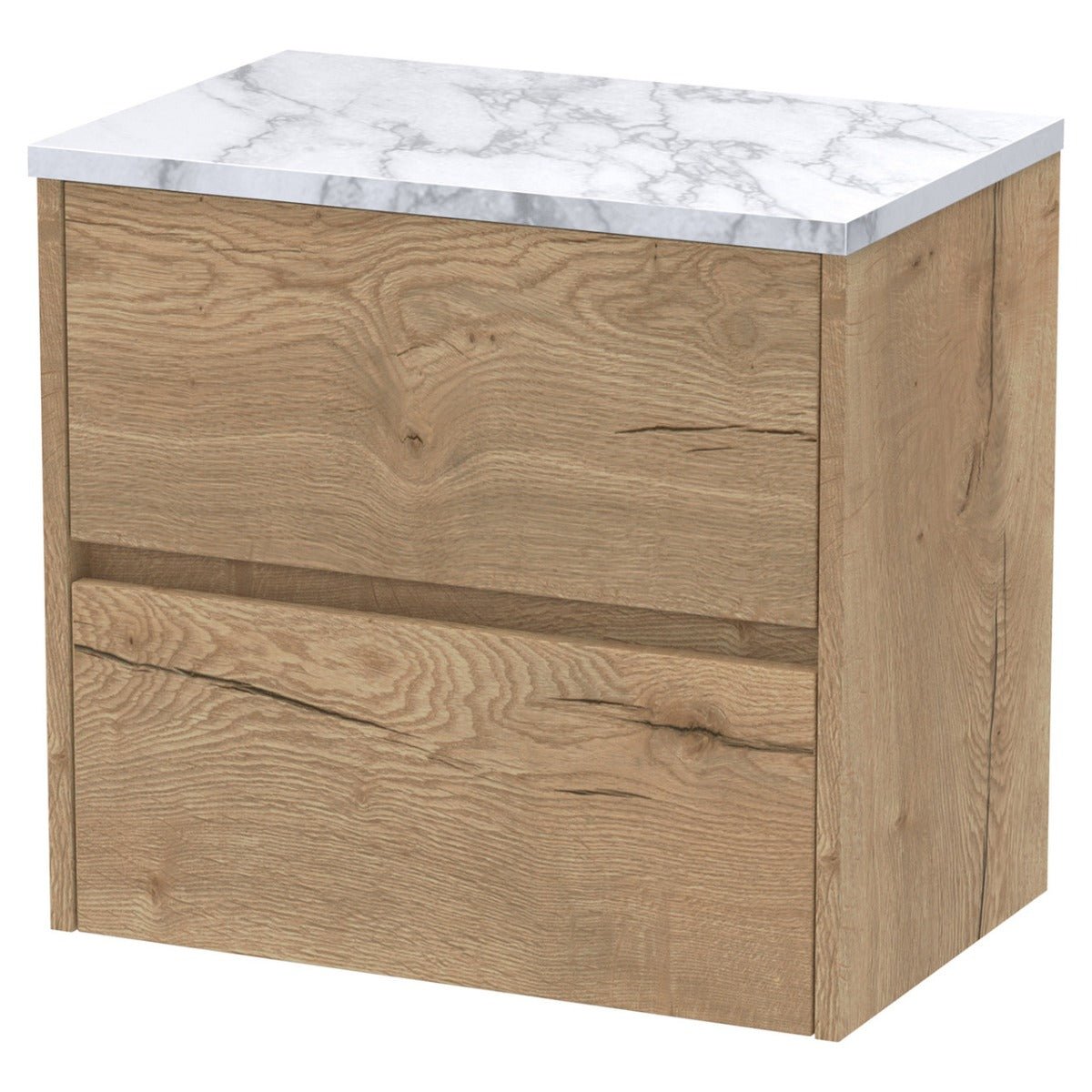 Hudson Reed Havana Wall Hung 2 - Drawer Vanity Unit with Carrera Marble Worktop 600mm Wide - Autumn Oak - HAV804LCM - TAP 'N' SHOWER