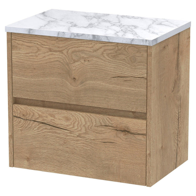 Hudson Reed Havana Wall Hung 2 - Drawer Vanity Unit with Carrera Marble Worktop 600mm Wide - Autumn Oak - HAV804LCM - TAP 'N' SHOWER
