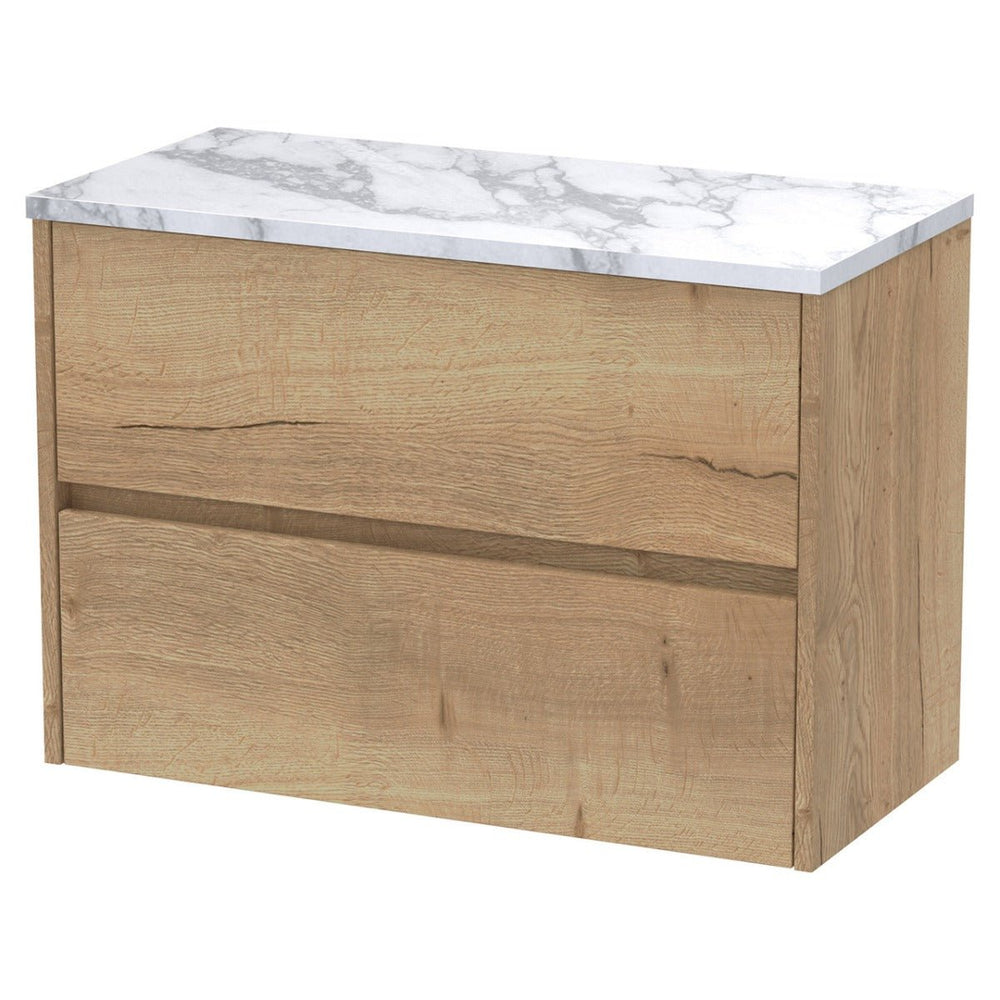 Hudson Reed Havana Wall Hung 2 - Drawer Vanity Unit with Carrera Marble Worktop 800mm Wide - Autumn Oak - HAV806LCM - TAP 'N' SHOWER