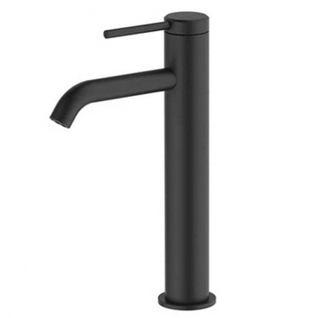 Britton Hoxton Tall monobloc matt black basin mixer with single lever and long spout for countertop vessels