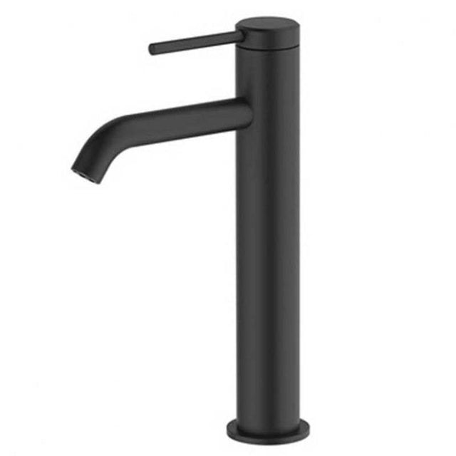 Britton Hoxton Tall monobloc matt black basin mixer with single lever and long spout for countertop vessels