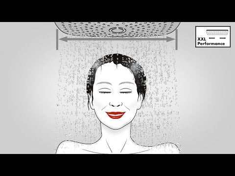 Illustration of a person enjoying a gentle rainfall shower spray from the Hansgrohe Croma Select E shower system with XXL water coverage.