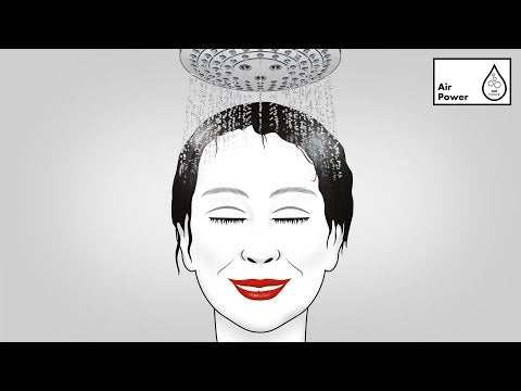 Hansgrohe Raindance Select E chrome shower head with 3 jet spray modes and flexible 1600mm hose mounted above smiling woman.