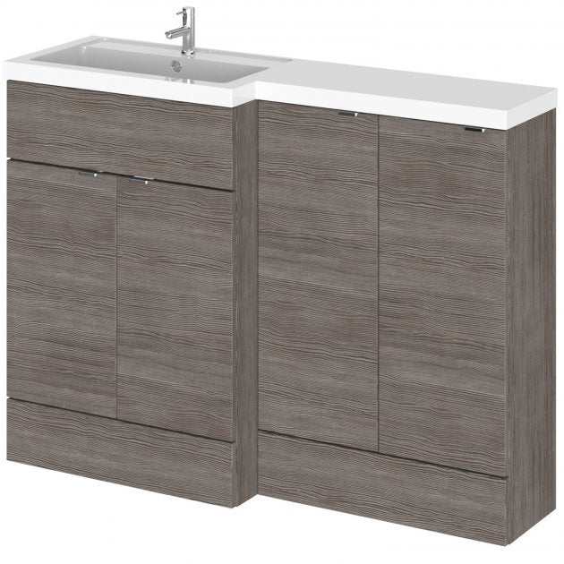 Hudson Reed Fusion brown grey Avola bathroom base unit with LH combination unit and integrated sink