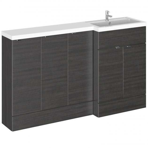 Hudson Reed Fusion modern RH combination bathroom unit with three 300mm base units in Hacienda Black finish and integrated white sink.