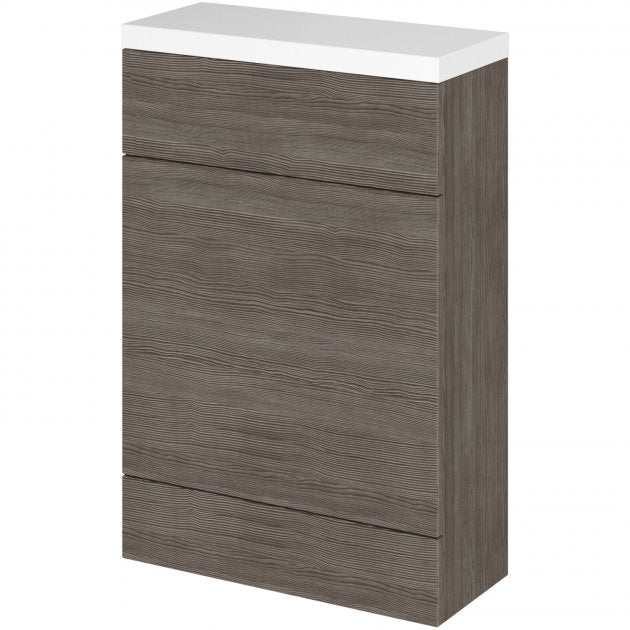 Hudson Reed Fusion floor standing compact WC unit in brown grey Avola with polymarble worktop, 600mm wide bathroom storage unit
