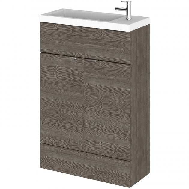 Hudson Reed Fusion Compact Vanity Unit in brown grey Avola finish with rectangular basin and soft-close doors, 600mm wide