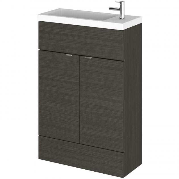 Hudson Reed Fusion compact 600mm wide bathroom vanity unit in high gloss Hacienda Black with rectangular basin and two soft-close doors