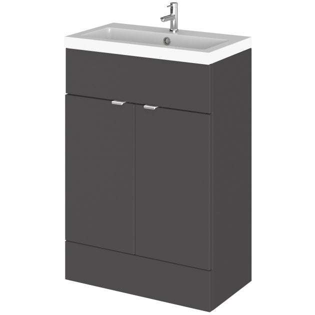 Hudson Reed Fusion modern floor standing gloss grey vanity unit with rectangular basin and storage.